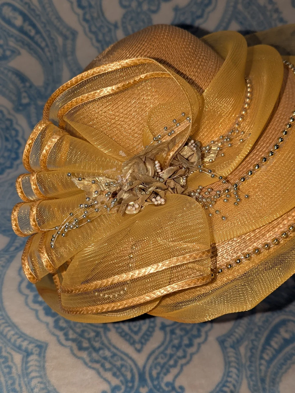 Elegant Yellow-Gold Floral Sinamay Women's Dress Hat